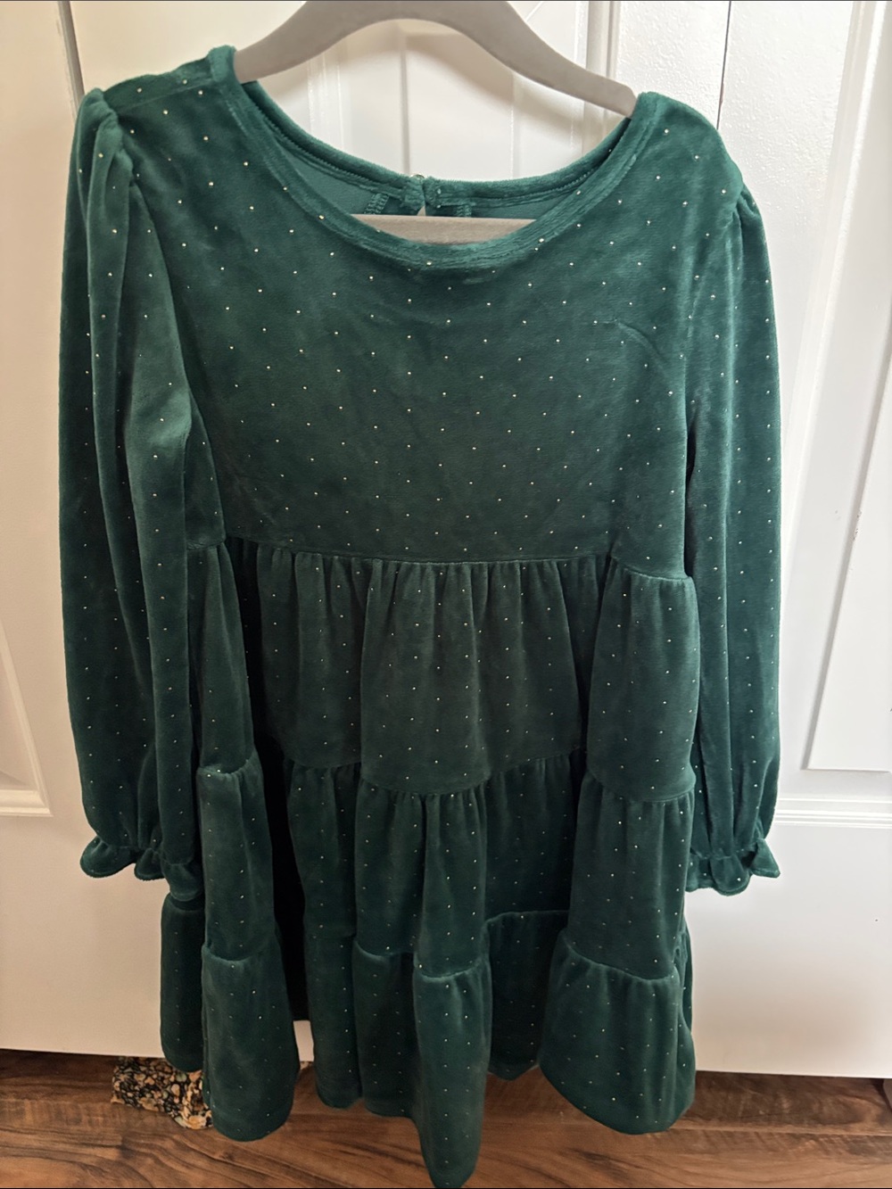 Tahari Girls Green Velvet Tiered Dress with Sparkle Dots